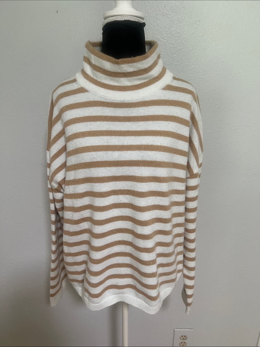 Talbots White and Camel Striped Knit Top